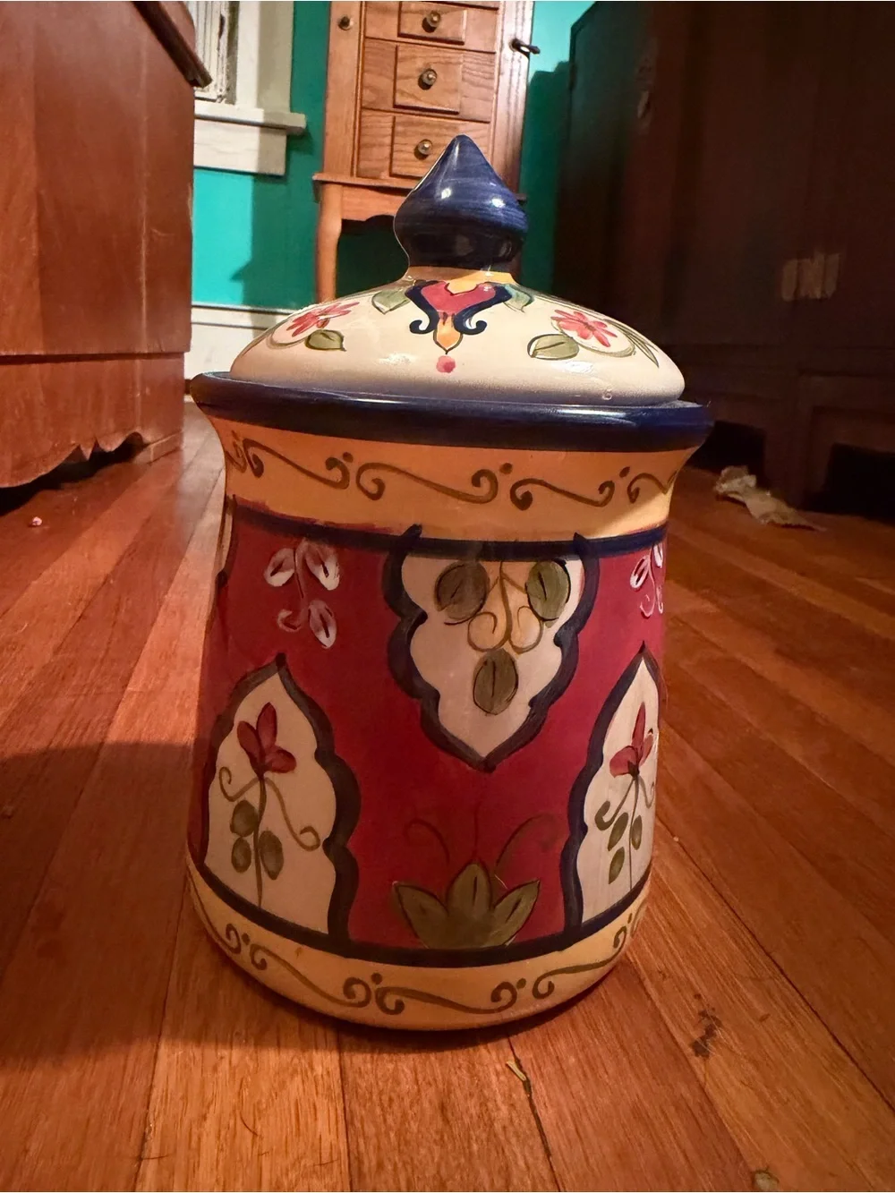 Pier 1 Hand-Painted Ceramic Retired Mediterranean Lidded Kitchen Vintage Jar